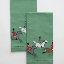 Pomegranate Inc Embroidered Hunt Scene Green Tea Towels New
