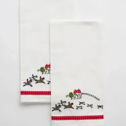 Pomegranate Inc Embroidered Hunt Scene Red Ribbon Tea Towels Online