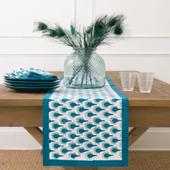 Pomegranate Inc Geo Feather Teal Table Runner New