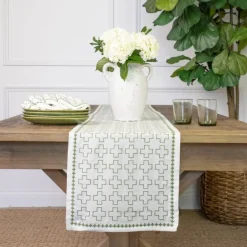 Pomegranate Inc India Hicks Home Embroidered Grand Cross Soft Sage Table Runner Clearance