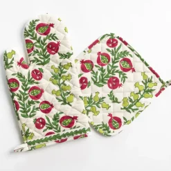 Pomegranate Inc Pom Bells Basil & Magenta Oven Mitt Set New