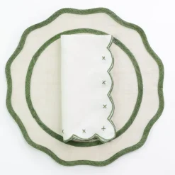 Pomegranate Inc Scalloped Knot Green Embroidered Linen Napkin | Set of 4
