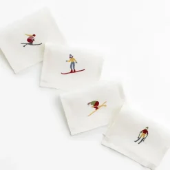 Pomegranate Inc Skiers Embroidered Linen Cocktail Napkin | Set of 4 Hot
