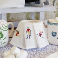 Pomegranate Inc Skiers Embroidered Linen Cocktail Napkin | Set of 4 Hot