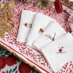 Pomegranate Inc Skiers Embroidered Linen Cocktail Napkin | Set of 4 Hot