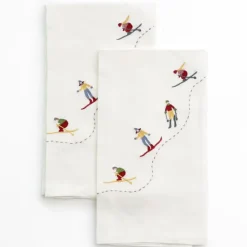 Pomegranate Inc Skiers Embroidered Linen Tea Towels Clearance