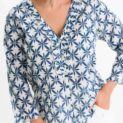Pomegranate Inc Starburst Flower Navy Flange Button Blouse New