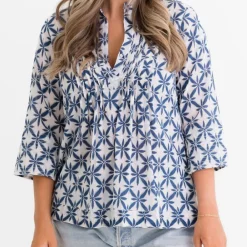 Pomegranate Inc Starburst Flower Navy Pintuck Blouse Hot