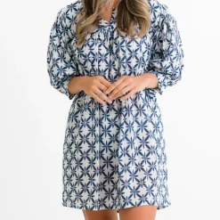 Pomegranate Inc Starburst Flower Navy Split Neck Shift Dress Sale