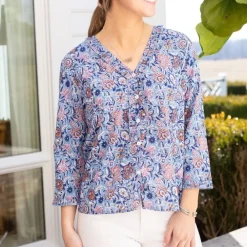 Pomegranate Inc Taj Floral Blue Flange Button Blouse Clearance