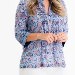 Pomegranate Inc Taj Floral Blue Pintuck Blouse Outlet