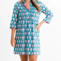 Pomegranate Inc Teal Pom Flower Pintuck Shift Dress New