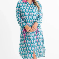 Pomegranate Inc Teal Pom Flower Shifty Shirtdress New