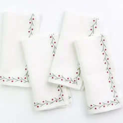 Pomegranate Inc Twig & Dot Red & Green Embroidered Linen Napkin | Set of 4 Sale