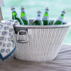 Pomegranate Inc White Wicker and Aluminum Ice Bucket with Handles Discount
